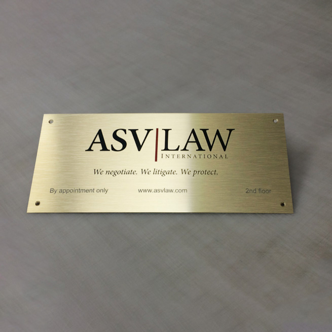 Digitally Printed Logo on Brushed Brass Aluminium