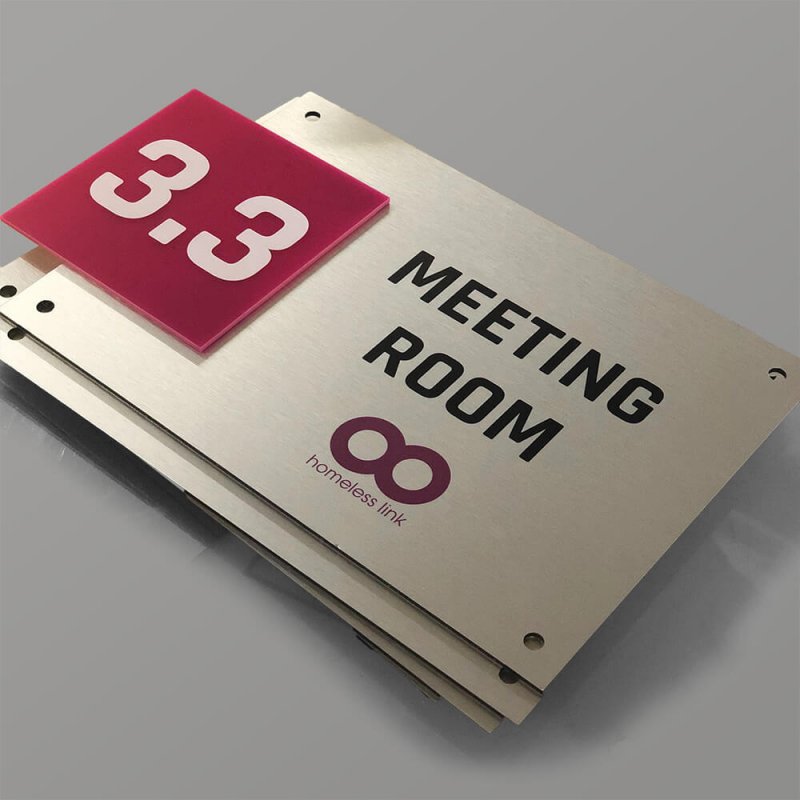 Fixed panel meeting room sign made from a stack of acrylic and aluminium
