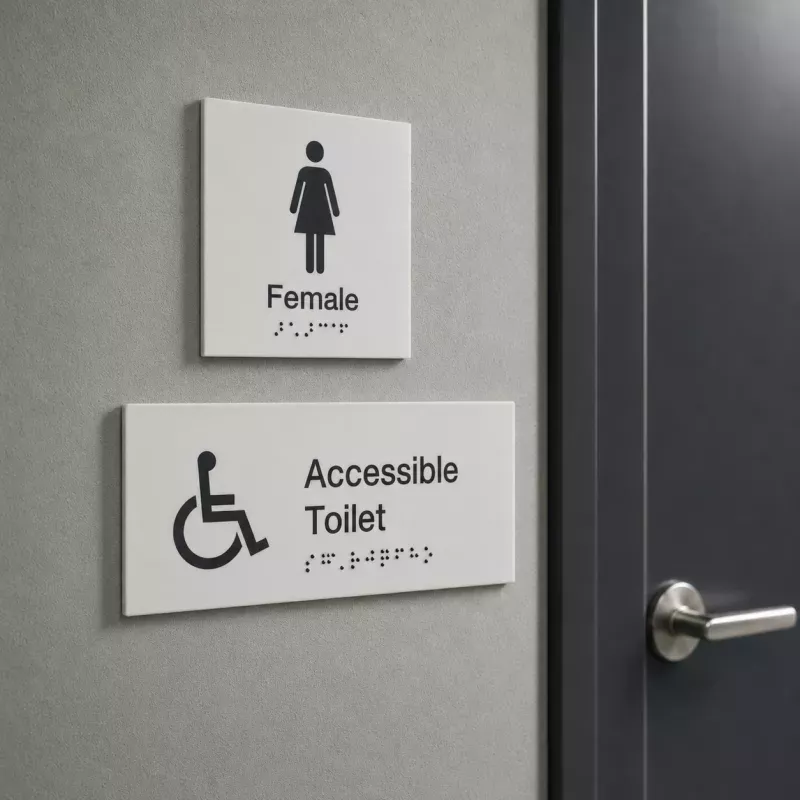 Matt acrylic braille and tactile office sign beside an accessible WC