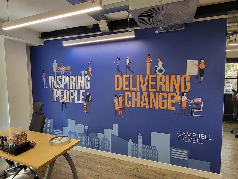 Printed vinyl wall graphic across an office wall
